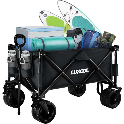 UPGO 200L Collapsible Foldable Wagon with 350lbs Weight Capacity, Heavy Duty Folding Utility Garden Cart with Big All-Terrain Beach Wheels & Drink Holders.Black