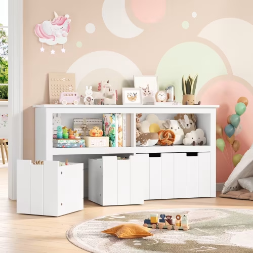 Homfa Kids Toy Storage with 4 Drawers, Cubes Storage Bin with Shelves and Wheels for Kids Living Room, White - Walmart