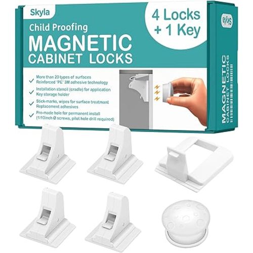 SKYLA HOMES Magnetic Cabinet Locks Baby Proofing Child Safety - The Safest Quickest and Easiest Multi-Purpose 3M Adhesive Child Proof Latches, No Screws or Tools Needed (4 Pack)