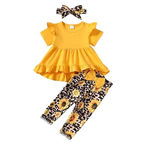 Kucnuzki Baby Girl Clothes Toddler Girl Outfit Ruffle Sleeve Shirt Floral Pant Set Fall Winter Clothing for Girl