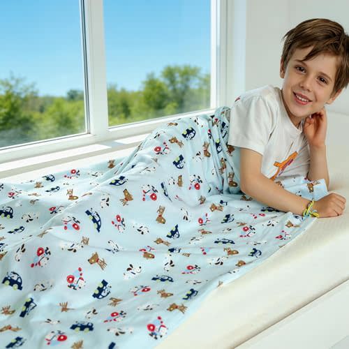 Kids Throw Blanket – Soft Cotton Toddler Blanket with Cute Dogs & Cars Pattern, Breathable Lightweight Bed Throw for Boys Girls, Perfect for Spring Summer Fall, 40 x 60 in (101.6 x 152.4 cm)