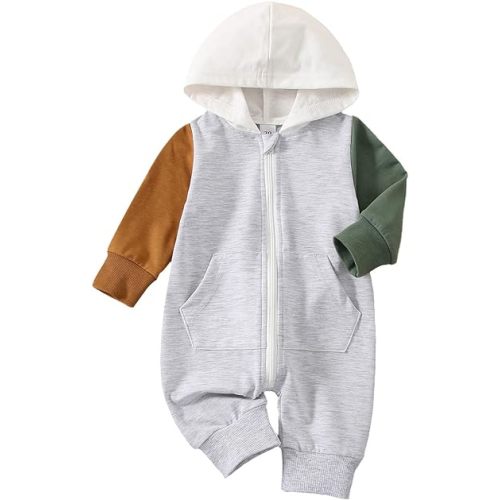 BemeyourBBs Newborn Baby Boy Clothes Color Block Long Sleeve Zipper Hooded Romper with Pocket Fall Winter One Piece Outfits