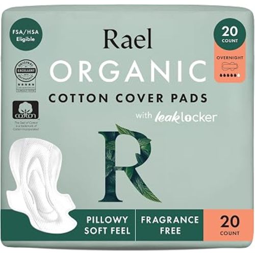 Rael Organic Cotton Cover Sanitary Pads for Women, Heavy (Overnight, 20 Ct)