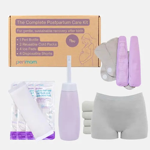 Perimom Postpartum Recovery Essentials Kit – Instant Ice Packs, Reusable Hot & Cold Packs, Multipurpose Peri Bottle, and Disposable Boy Shorts for Comfortable Healing (11pc Gift Set)