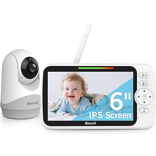 Blemil Upgrade Video Baby Monitor with Camera and Audio 6" Large Screen, 35-Hrs Battery, No WiFi Baby Monitor, Remote Pan/Tilt/Zoom Camera, 2-Way Talk, Night Vision, Temperature, 1000ft Range