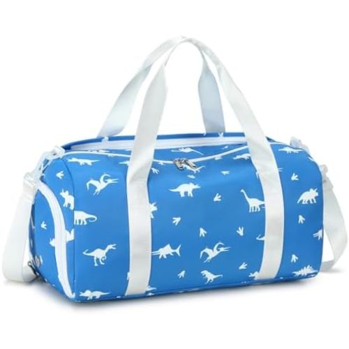 CAMTOP Kids Duffel Overnight Bag Boys Girls Toddler Weekender Carry-On Personalized Tote for Travel Gym Sport (A-Blue White Dinosaur)