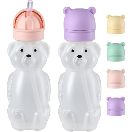 2 Pack Honey Bear Straw Cups for Baby, Toddler - Flip Top, Spill-Proof & Anti-pullout & Pop-up Straw Design - 8 OZ Squeezable Transition Sippy Cup for Speech & Feeding Training, Purple&Pink