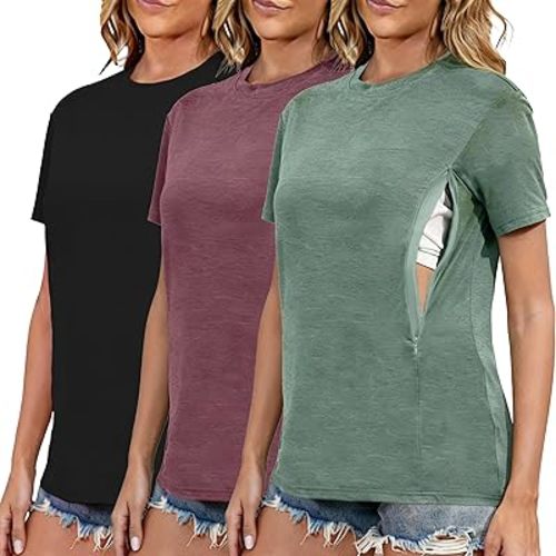 Ecavus Women's 3-Pack Nursing Shirts for Breastfeeding with Hidden Zippers Loose Fit Maternity Tops