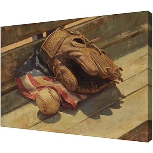 Framed Patriotic American Flag Wall Art-4th Of July Usa Vintage  Baseball Painting Poster For Patriot Room Decor-Neutral Floral Art Canvas Print Picture For Apartment Bedroom Decor