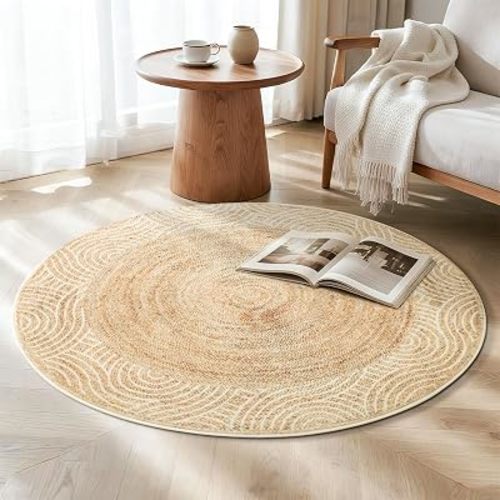 Asrug Jute Print Pattern Low Pile Round Rug Area Rug Washable Non-Slip Circle Rug Soft Plush Touch Circle Rugs Round for Kitchen Bathroom Living Bedroom Nursery, Carpet 4ft /48 inch/122 cm Brown