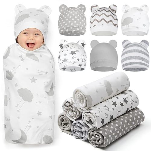 Ramede 6 Set Baby Swaddle Blanket and Hat, 100% Cotton Newborn Receiving Blanket Wrap with Headband, 31.5" Soft, Breathable for Girl Boy Nursery Sleep Cradle Sheet Breastfeed Cover(Star,Grey)
