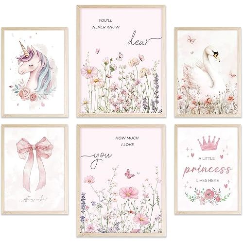 Eastern Print Pink Nursery Wall Art Set, Wildflower Baby Girl Room Decor, Floral Art for Baby Girl, Pink Nursery Art Prints, Kids Room Wall Decor, Swan Bow Poster for Little Girls Bedroom, UNFRAMED