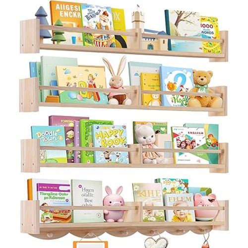 34Inch Nursery Book Shelves Wall Mounted, Floating Book Shelf for Kids Coat Rack with 6 Hooks, Wall Hanging Shelf for Baby Nursery Room Organizer ，Patent Number:US-D1058229-S(4, Burlywood)