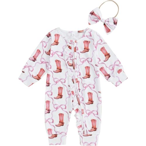 SAYOO Western Boots Baby Cowgirl Clothes Zipped Fall Romper Outfit for Newborn Girl Cow Print Bow Print One-piece Jumpsuit