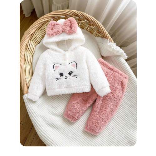 SHEIN Newborn Baby Girl Cute Furry Cartoon Print Hoodie Top And Elastic Waist Pants 2 Pieces Set, Autumn/Winter | SHEIN USA