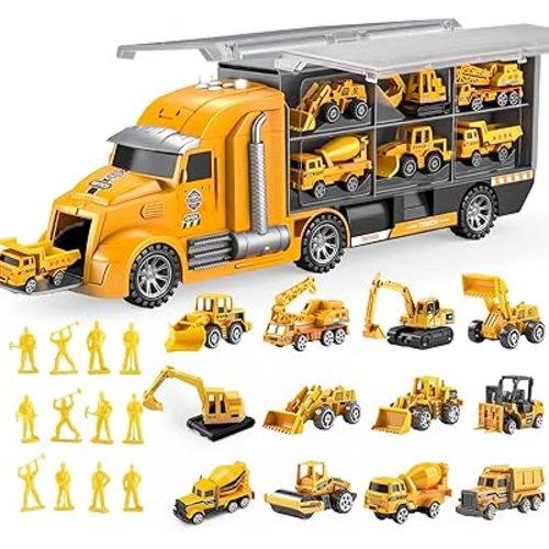JOYIN 25-in-1 Construction Truck Toy Set with 12 Vehicles & 12 Worker Figures, Push and Go Toy Trucks with Sound and Light, Construction Toys Birthday Gifts for Kids 3 4 5 6 7 Years Old