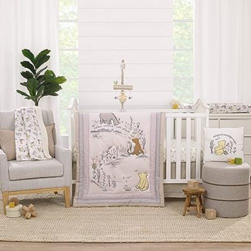 Disney Classic Pooh Naturally Friends Ivory and Taupe Piglet, Eeyore, and Tigger 3 Piece Nursery Crib Bedding Set - Comforter, 100% Cotton Fitted Crib Sheet, and Crib Skirt