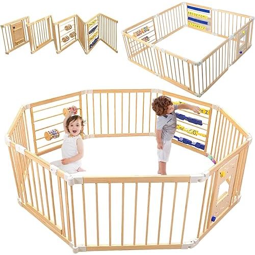 Foldable Baby Playpen,Wooden Playpen for Babies and Toddlers,63×63×24in Baby Activity Center Play Area,Play Pen for Babies 6-12 Months,Fence Play Yard One-Key Folding,Stable and Skid-Proof