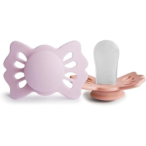 FRIGG Lucky Symmetrical SilkySoft Silicone Baby Pacifier | Made in Denmark | BPA-Free (Soft Lilac/Pretty in Peach, 0-6 Months)