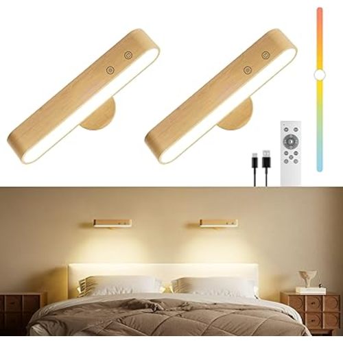 Rechargeable LED Wall Sconces Set of Two,Wall Lights for Bedroom with Remote Control and Touch,360° Magnetic Rotation,3 Colors Dimmable Brightness Wood Wall Lamps with 15 RGB Colors,2 Pack