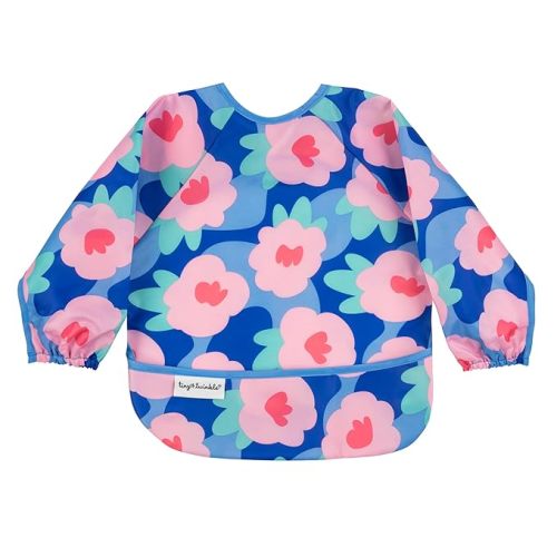 Tiny Twinkle Long Sleeve Bib for Babies & Toddlers | Waterproof Smock Bib for Eating | Machine Washable & Mess-Proof Feeding Essentials | Newborn Shower Gift (Floral Blue, 6–24M)