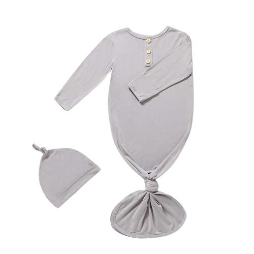 Lenpel Newborn Baby Knotted Gown Girl Boy Soft Long Sleeve Solid Color Nightgown Unisex Sleepsuit with Hat 2 Pcs Set