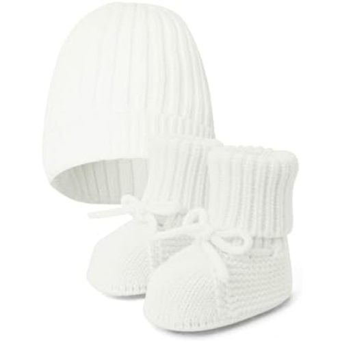 Baby Booties & Hat Set Newborn First Walkers Cozy Socks Shoes Warm Knit Booties Soft Cap for Toddler Infant Boy Girl