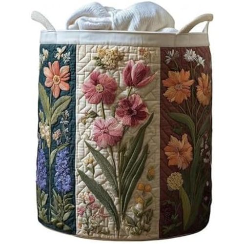 Quilted Laundry Basket with Handles, Large Boho Fabric Storage Hamper for Clothes & Toys, Soft Collapsible Quilted Basket for Nursery, Bedroom, Laundry Room (Thrflower,M (16 * 22 In))