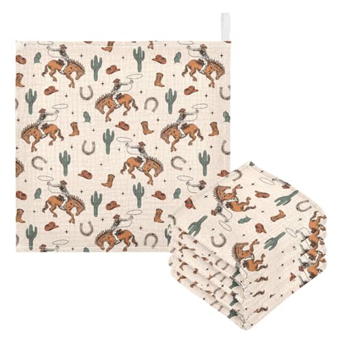 Western Cowboy Cactus Baby Washcloths Newborn Muslin Burp Cloths 3 Pack Soft Cotton Baby Face Bath Towel Drool Bibs for Infants, Girls and Boys 11.8 x 11.8 Inch