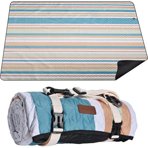 Waterproof Picnic Blanket 80" x 60" in Portable with Carry Strap for Beach Mat or Family Outdoor Camping Party, Park Blanket for Grass Park, Hiking, Travel, Concerts (Crystal Blue & Orange, 80" x 60")
