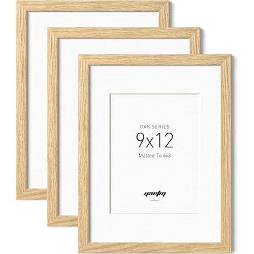 Yaetm 9x12 Oak Wood Picture Frame with Mat for 6x8 Set of 3, Natural Solid Wood 9x12 Frame with Tempered Glass for Wall Gallery & Home (3 Pack, Oak)