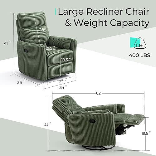 LINSY 360 Swivel Recliner Chair - Corduroy Nursery Glider Rocking Chair with 2 Pillows, Comfy High Back Adult Recliner for Small Spaces, Nursery Bedroom Living Room Reclining (Green)