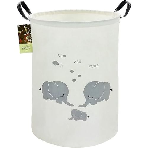HUNRUNG Laundry Hamper,Large Canvas Fabric Lightweight Storage Basket Toy Organizer Dirty Clothes Collapsible Waterproof for College Dorms, Children Bedroom,Bathroom（Round-Family Elephants）