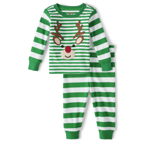 Baby And Toddler Striped Reindeer Snug Fit Cotton Pajamas - White