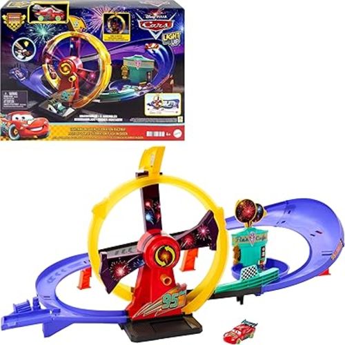 Mattel Disney Pixar Cars Toy Track Set with Light-Up Lightning McQueen, Race to Celebrate Celebration Raceway Playset with Loop & Wind-Up Kicker