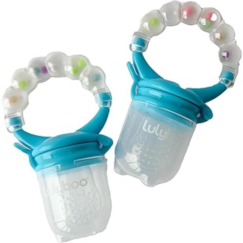 Lulyboo 2-in-1 Infant Self-Feeder & Rattle Set | Safe Mesh Baby Feeding Tool for Independence, Choking Prevention, Sensory Play | Suitable for Toddlers 6+ Months (Blue)