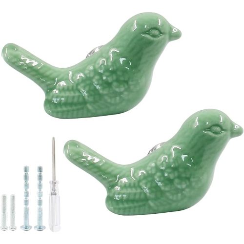 Bird Shape Ceramic Knobs 2 Pack Green Pulls with Screws | Smooth Glossy Ceramic Finish, Screwdriver Included For Easy Setup, Fits Dresser Drawer Cupboard Cabinet Doors