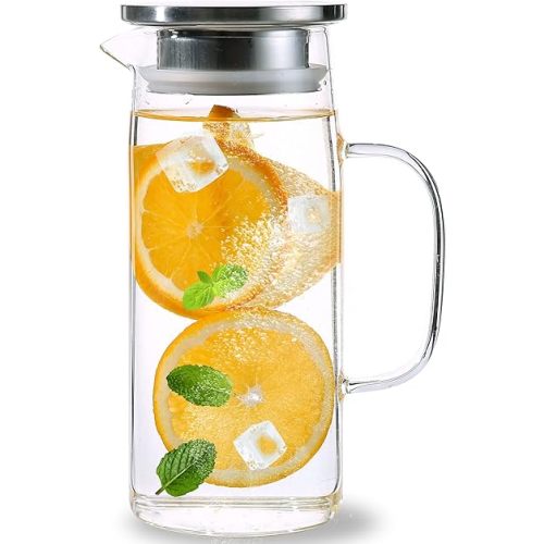 Glass Pitcher With Lid and Spout - Iced Tea and Beverage Pitcher for Fridge, Small Water Jug 1000ml/34oz