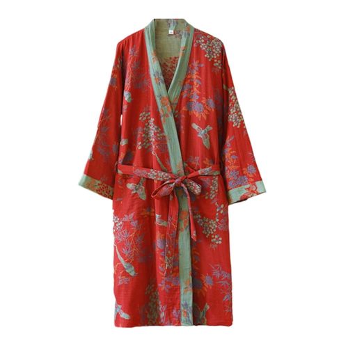 Cotton Double Gauze Traditional Hanfu Midi-length Nightdress Printing Tie-belt Bathrobe Loose Pajamas Comfortable Nightgown Sweat Steaming Yukata Sauna Suit Sleepwear Kimono for Women Large(Red Bird)