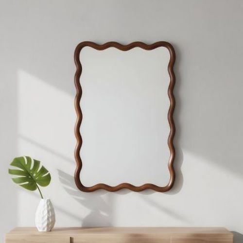 KTMBDW 20" x 30" Wavy Rectangle Wood Frame Wall Mirror, Decorative Country Rustic Decor for the Living Room, Bedroom, Bathroom, Hallway, Dark Walnut