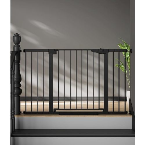 Cumbor 29.7"–51.5" Extra Wide Baby Gate for Stairs, Pressure-Mounted Dog Gates for Doorways & Hallways, Auto-Close Walk-Through, No-Trip Design, Child Proof Safety, Dog/Pet Gate for Indoor Use, Black