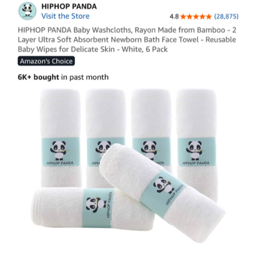 HIPHOP PANDA Baby Washcloths, Rayon Made from Bamboo - 2 Layer Ultra Soft Absorbent Newborn Bath Face Towel - Reusable Baby Wipes for Delicate Skin - White, 6 Pack