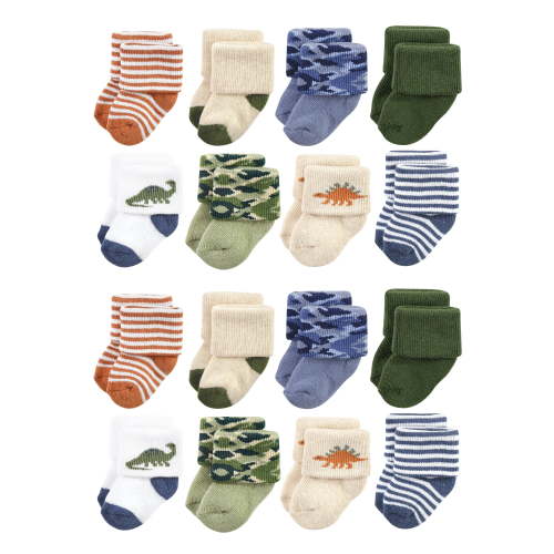 Hudson Baby Cotton Rich Baby Terry Socks 16-Pack, Dinosaur Explorer, 0-6 Months