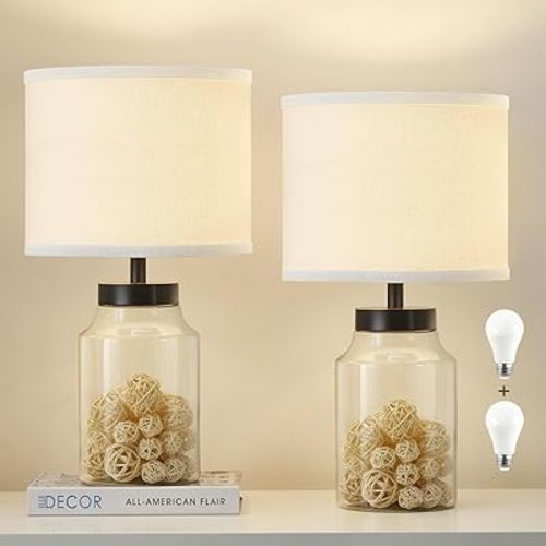 GyroVu Fillable Table Lamp for Christmas Decorations, Table Lamp with DIY Clear Glass Fillable Modern Glass Lamp with White Lampshade Beside Lamp for Living Room Bedrooms Office Bulbs Included-White