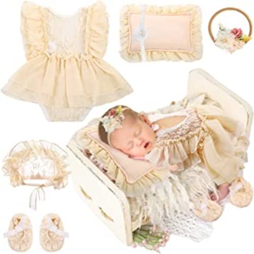 6 Pcs Newborn Photography Props Outfits Set with Baby Infant Lace Rompers Hat Flower Headband Pillow Lace Shoes Vest Floral Classic Outfits for Girl Princess Twins Birthday Party, Suit 0-3 Month