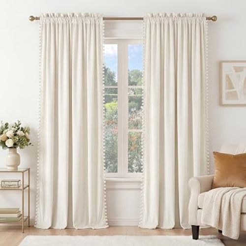 NICETOWN Ivory White Velvet Curtains 84" Long with Cute Pom-Pom Trim