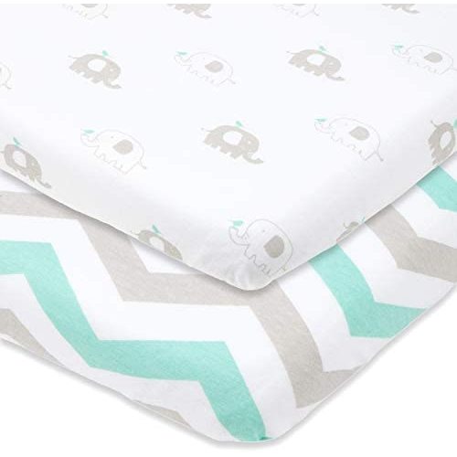 Cradle Sheets Fitted 18 x 36 – Fits Most Bedside Sleeper Bassinets Without Bunching Mattress Pad –&nbsp;Snuggly Soft Jersey Cotton –&nbsp;Grey, Mint, Chevron, Elephants –&nbsp;2 Pack