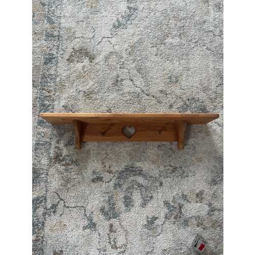 Vintage Rustic Country Pine Wall Shelf Heart-Shaped Cutout and Two Pegs Wooden Cottage Country Wall Shelf 29”