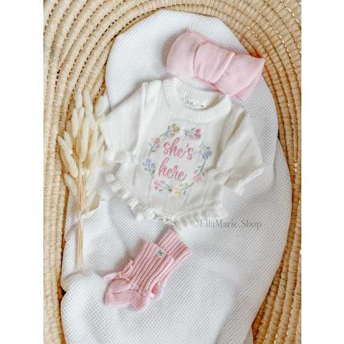 Newborn girl coming home outfit, she’s here embroidered floral custom keepsake, knit ruffle romper, wildflower personalized gender reveal