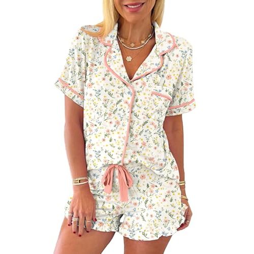 KevaMolly Womens Christmas Lounge Sets Candy Cane Print Pocketed Knotted PJ Set Short Sleeve Xmas Top and Shorts